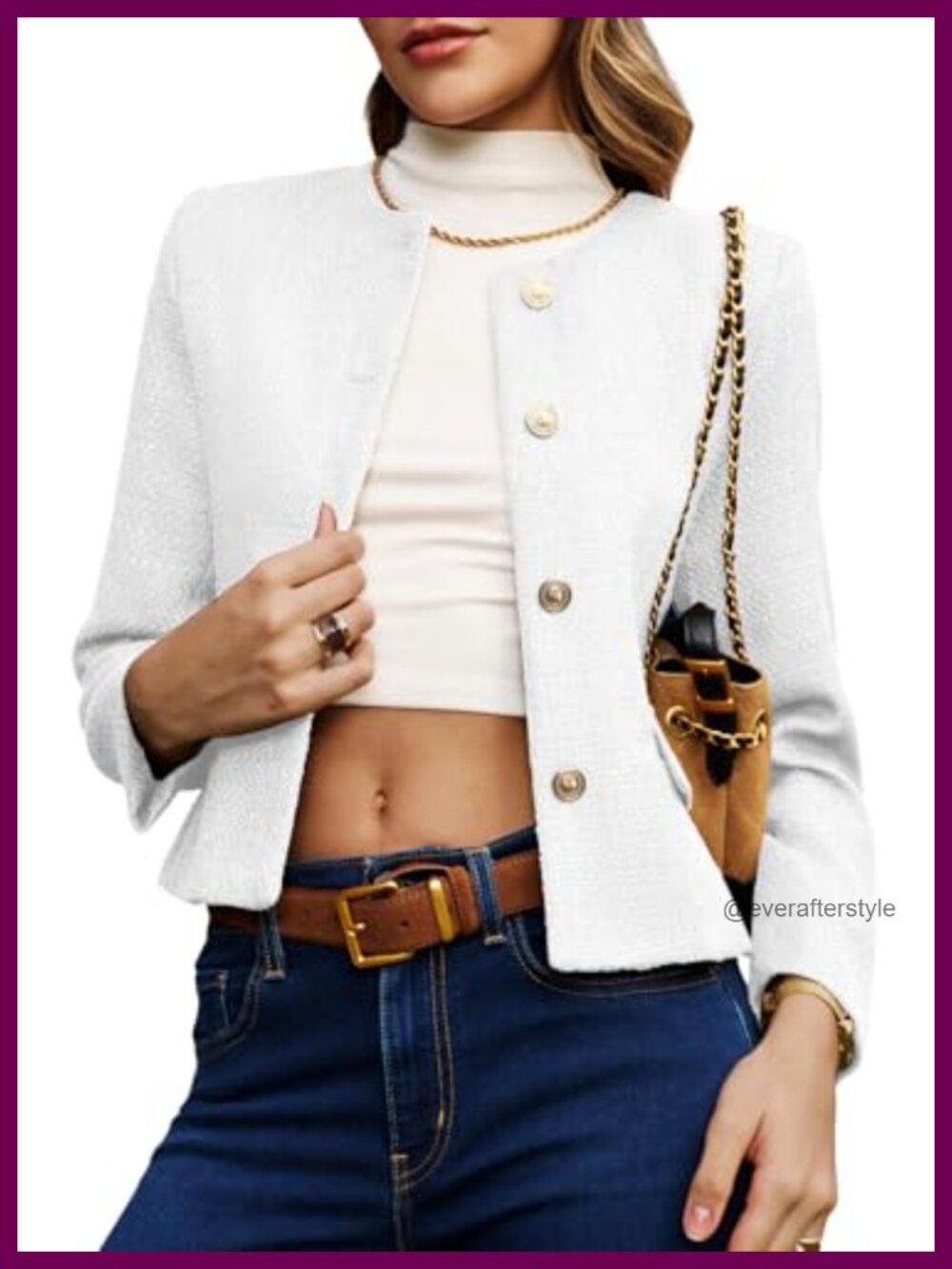 Women's Cropped Tweed Blazer Collarless Button Down Business Casual Coat